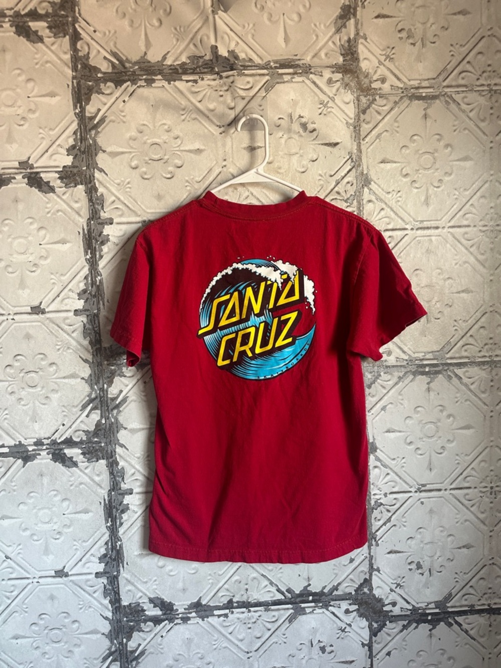 Santa Cruz Skateboards Red Short Sleeve Tee with Yellow & Blue Logo